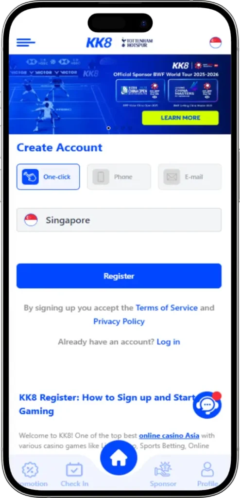KK8 Register Step 2 One Click