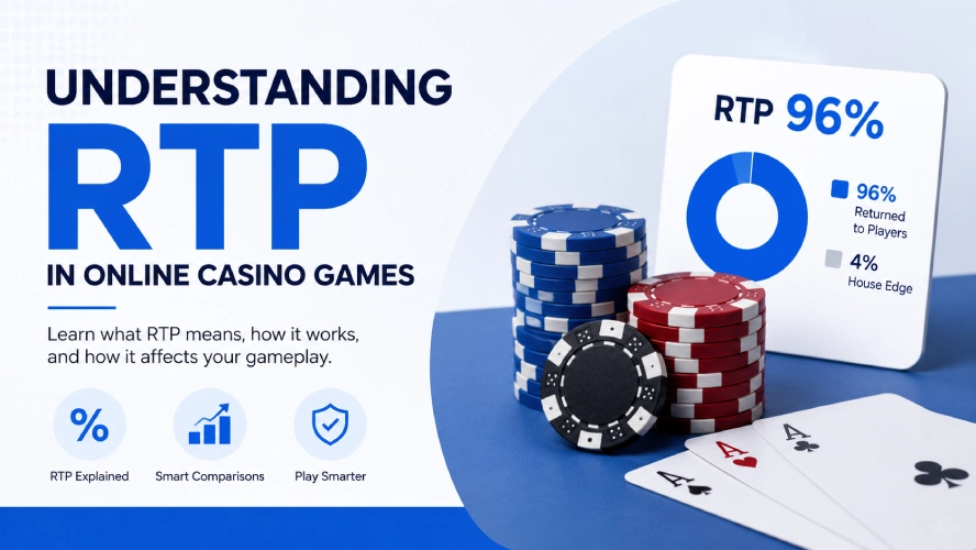 Educational hero banner explaining RTP in online casino games with a 96% RTP example, casino chips and a payout percentage graphic