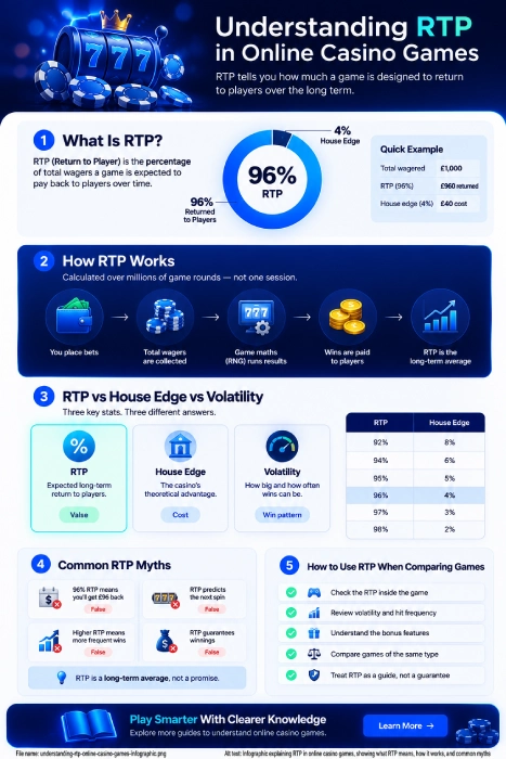 Infographic explaining Return to Player (RTP), house edge, volatility, common RTP myths and how to compare online casino gamesWhat Is Considered a Good RTP?