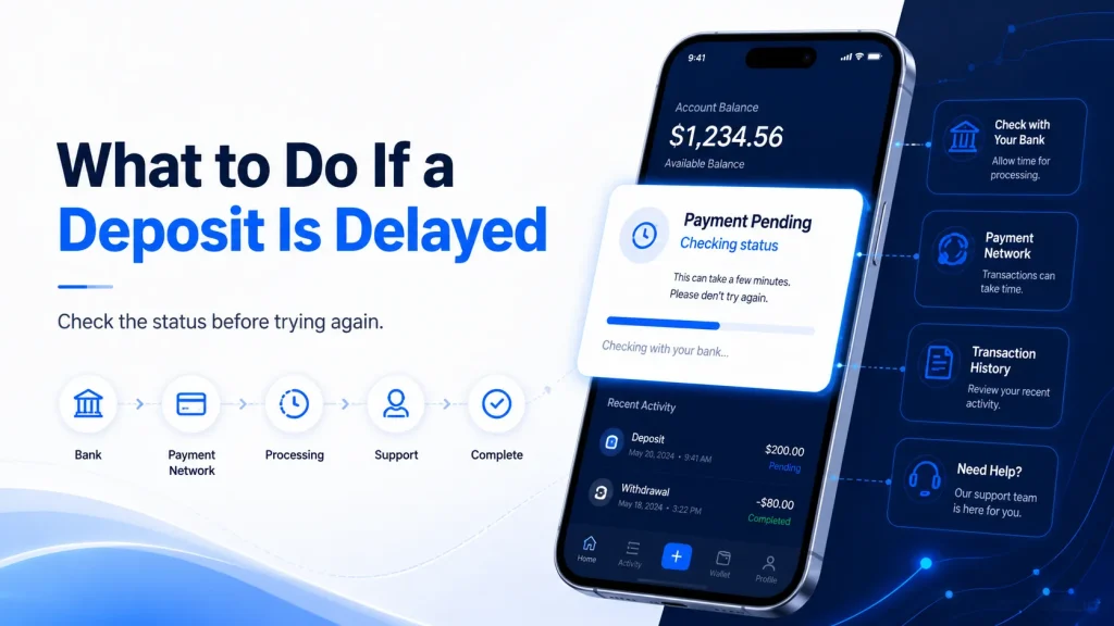 Casino deposit delay guide showing a pending payment status, bank check, payment network, transaction history and support steps