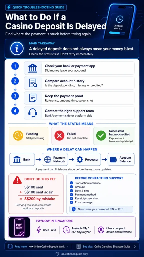 What to do if a casino deposit is delayed, including checking payment status, avoiding duplicate deposits, and contacting support