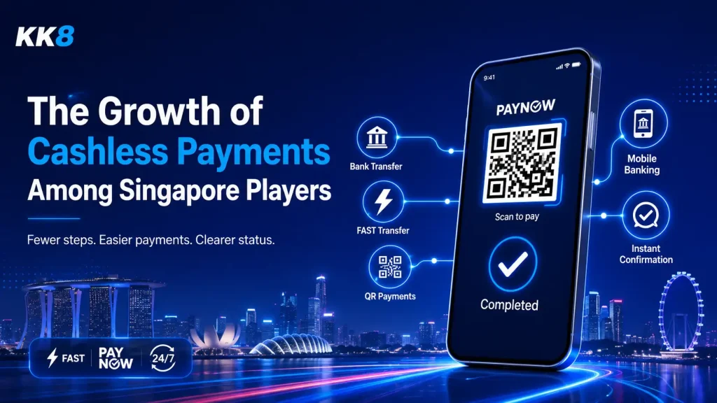 The growth of cashless payments among Singapore players, featuring PayNow, FAST transfers, QR payments, mobile banking, and digital payment confirmation