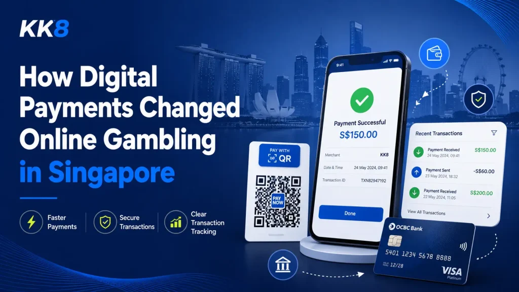 How digital payments changed online gambling in Singapore, featuring mobile payment visuals, a PayNow QR code, transaction tracking, and secure online payment elements