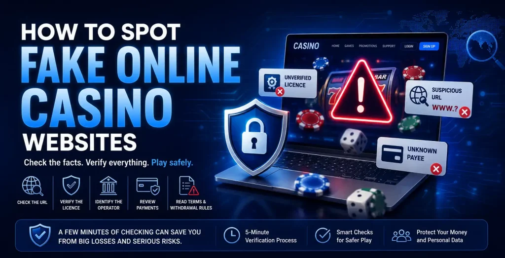 How to spot fake online casino websites by checking the URL, licence, operator, payments and withdrawal rules