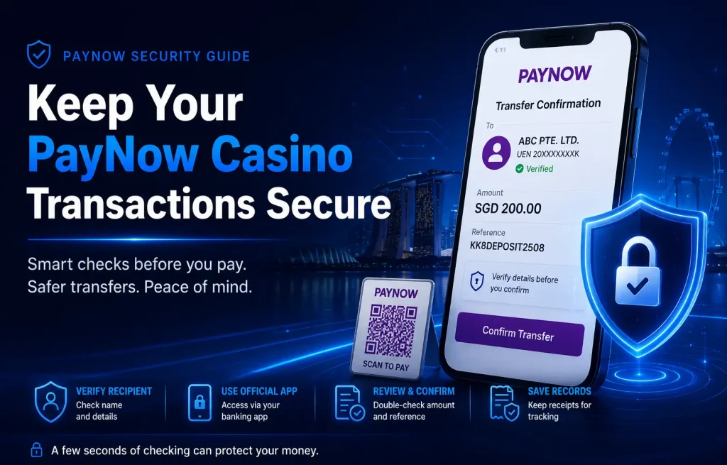 Secure PayNow casino transaction showing recipient verification, payment confirmation and banking security in Singapore