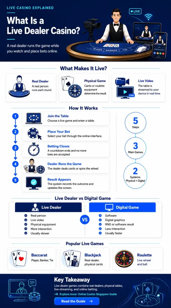 How a live dealer casino works, including real dealers, live video streaming, betting steps, and popular games such as baccarat, blackjack, and roulette