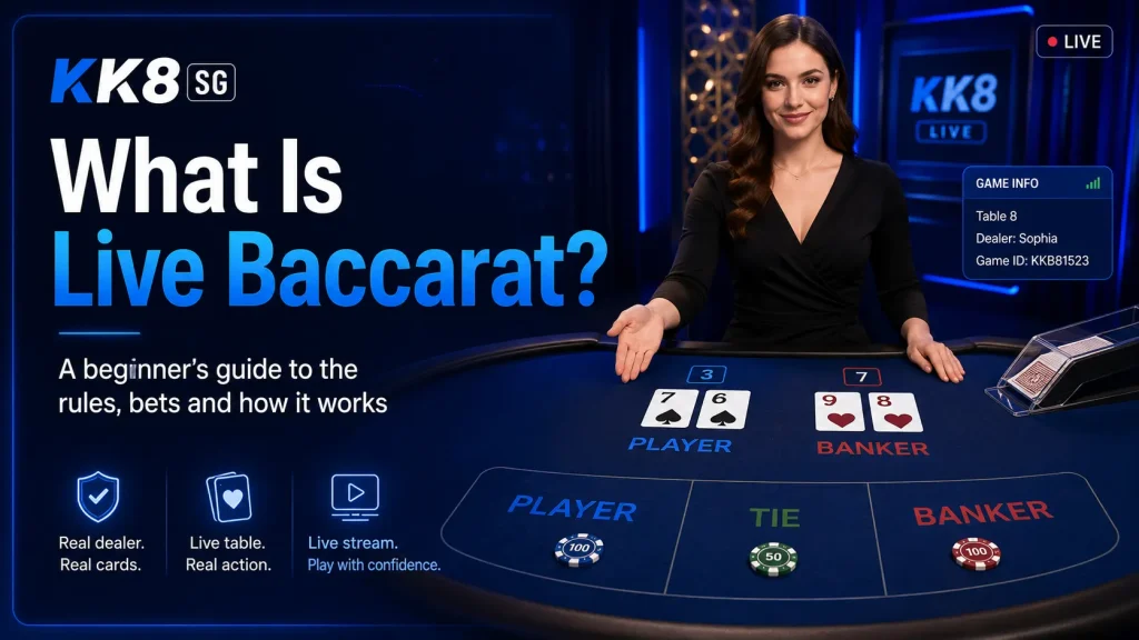 What is live baccarat with Player, Banker and Tie bets at a live dealer table