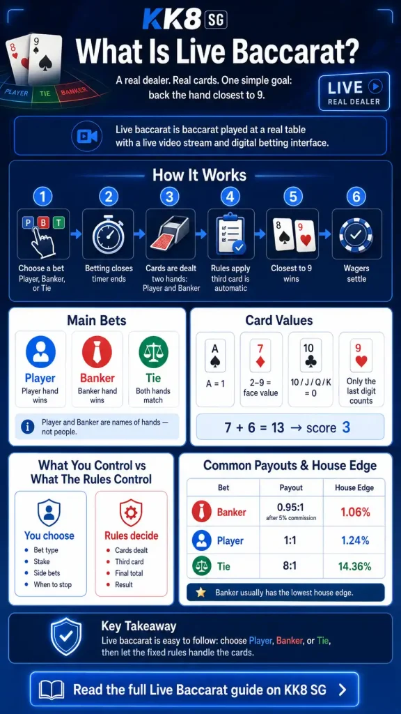 A simple guide to how live baccarat works, including the main bets, card values, drawing rules, payouts and house edge