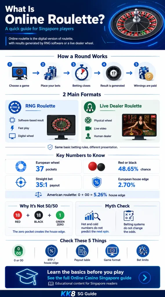 Online roulette explained, including how a round works, RNG vs live dealer roulette, key probabilities and house edge
